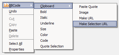Screenshot of BBCode make selection URL option