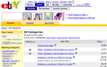 Picture of eBay listing of Orkut invitations on auction