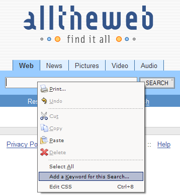 Screenshot of the right-click interface to add smart keywords in Mozilla Firefox