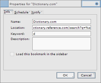 Screenshot of bookmark properties and custom keyword field