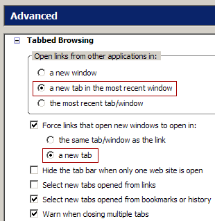 Screenshot of Firefox's new Tabbed Browsing preferences UI
