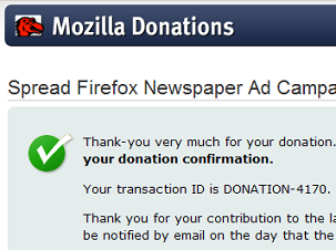 Screenshot of the donation completion page in the Firefox NYTimes ad campaign