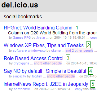 Screenshot of del.icio.us page with Search Keys in action