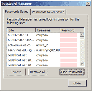 Screenshot of Password Manager with passwords showing