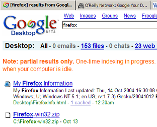 Screenshot of Google Desktop search in Firefox when searching for "Firefox"