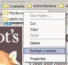 Screenshot of Livemarks Refresh context menu option