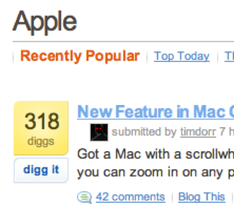 Screenshot of Digg taken with Mac OS X new zooming feature