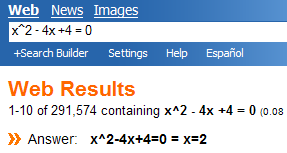 MSN Search beta result for a quadratic equation