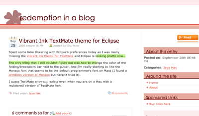 Screenshot of the Plink theme in action on my old Mephisto blog