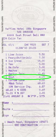 Slut receipt from Seah Street Deli