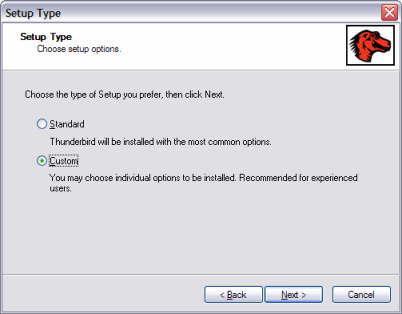 Thunderbird installer screenshot - choose standard or custom install