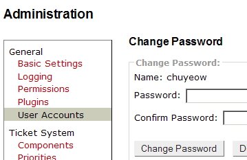 Managing user account with Trac WebAdmin Users