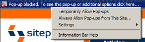 Screenshot of XP SP2 blocked popup UI in IE with context menu